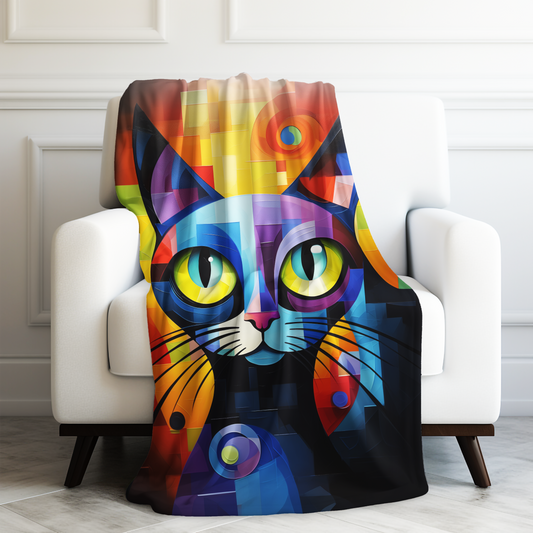 Psychedelic Whiskers: Abstract Black Cat in Vibrant Colors Velveteen Plush Blanket 3 Sizes