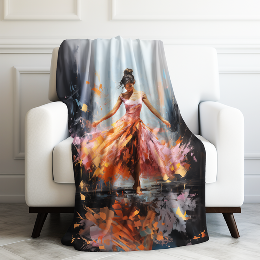 Swirling Splendor: Ballerina in Orange and Pink Dress Dancing Amidst the Reflecting Rain Velveteen Plush Blanket 3 Sizes