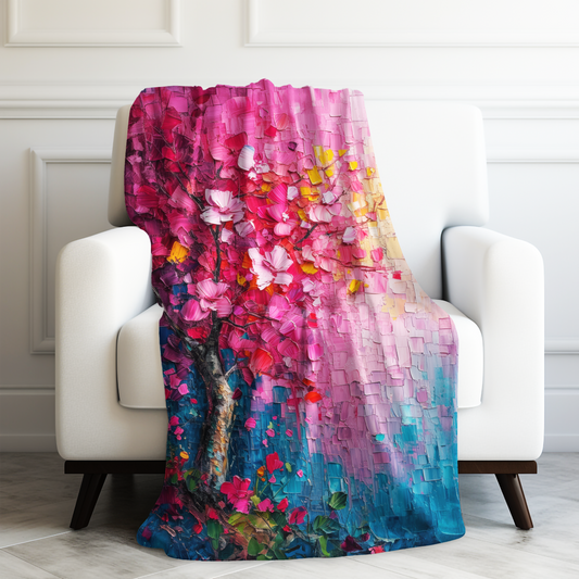 Sky's Embrace: Abstract Cherry Blossom Tree Bathed in Blue Sky and Sunlight Velveteen Plush Blanket 3 Sizes