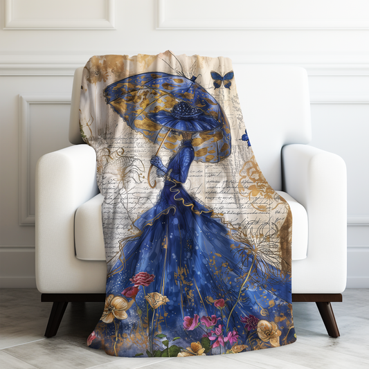 Victorian Splendor of a Women in Blue Hats & Dresses, Graced by Blue Butterflies in a Vintage Flower Garden Velveteen Plush Blanket 3 Sizes