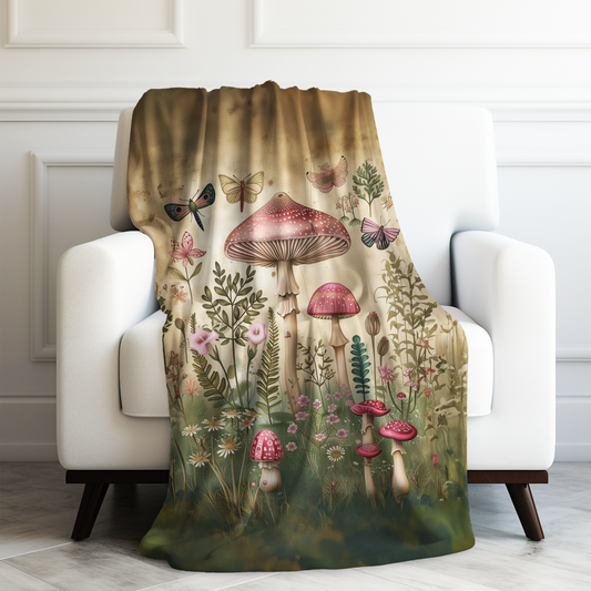 Botanical Wonderland: Mushrooms, Flowers, and Butterflies Flourishing in a Garden Velveteen Plush Blanket 3 Sizes