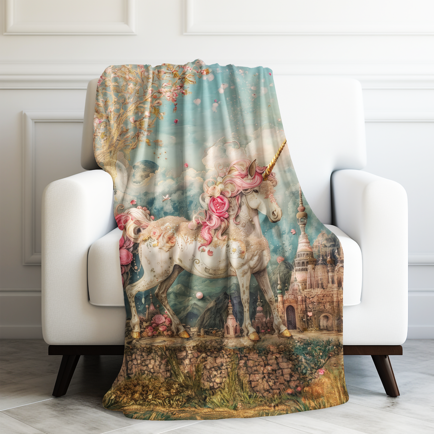 Whimsical Majestic Unicorn in an Enchanted Unicorn Kingdom Velveteen Plush Blanket 3 Sizes