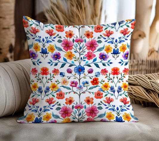 Botanical Symphony with Vibrant Watercolor Flowers  Spun Polyester Square Pillowcase 4 Sizes