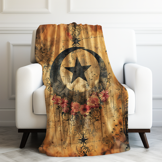 Mystical Vintage Celestial Moon Stars and Flowers Velveteen Plush Blanket 3 Sizes