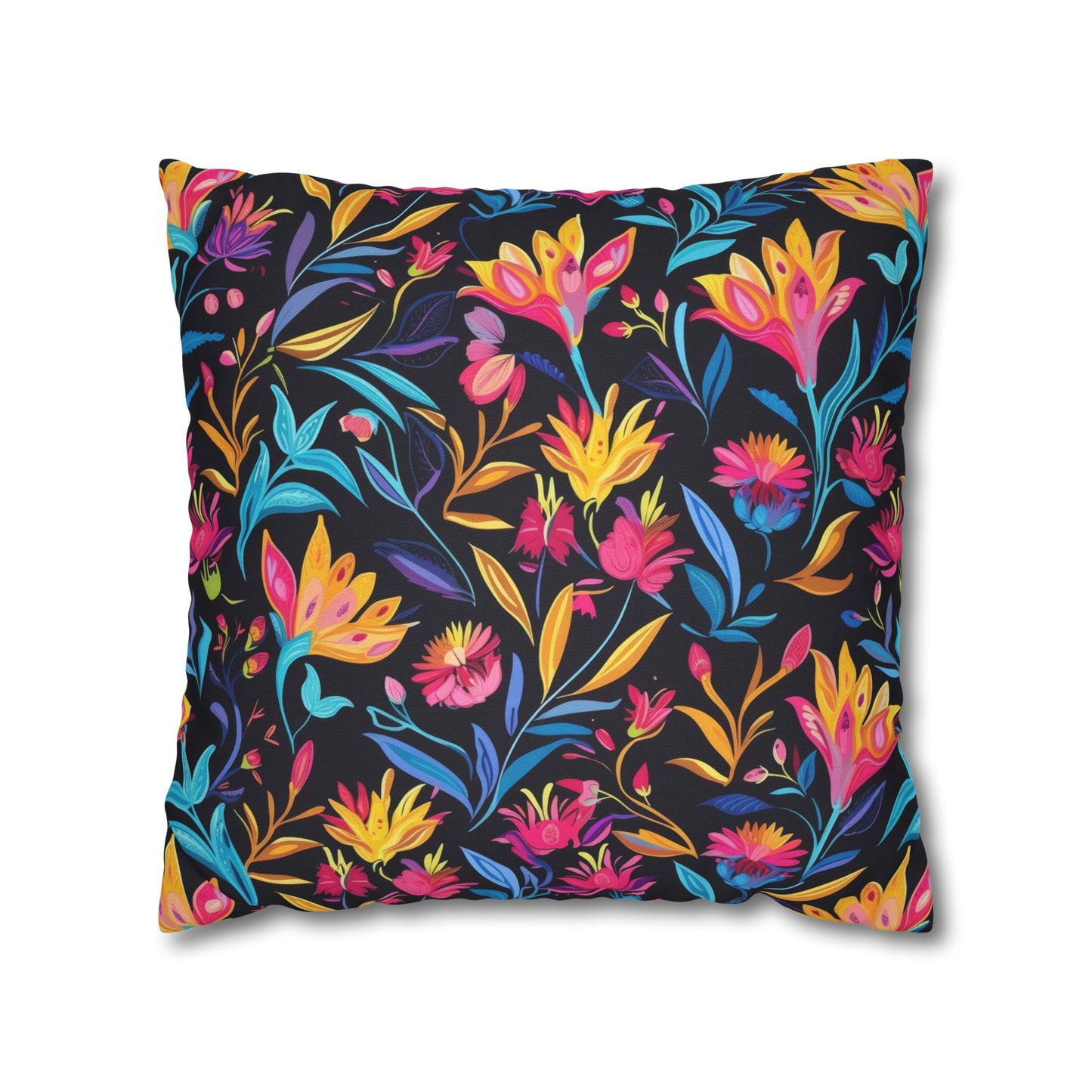 Vibrant Floral Fantasy in Midnight Garden Design Spun Polyester Square Pillowcase 4 Sizes