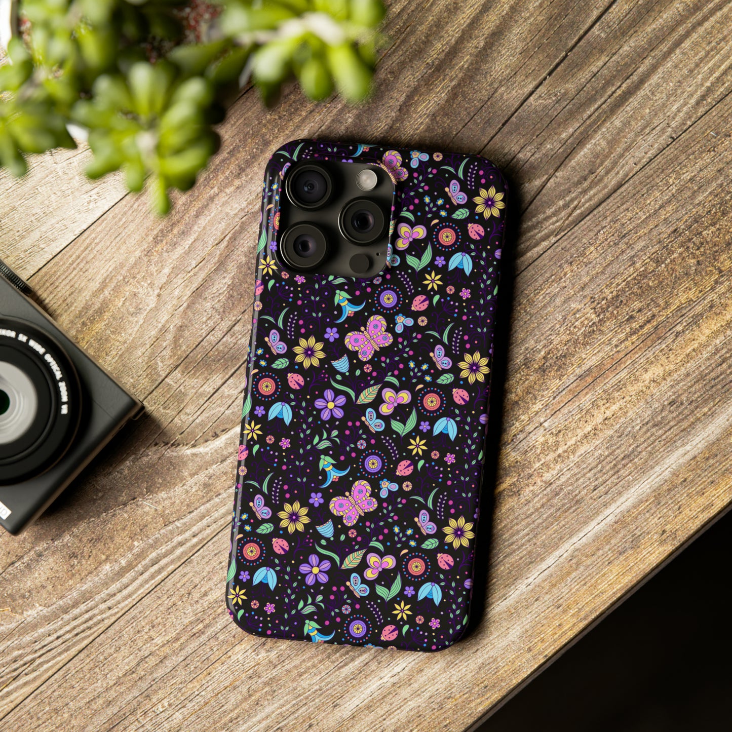 Butterflies and Flowers Black Background Iphone 15-12 Slim Phone Case