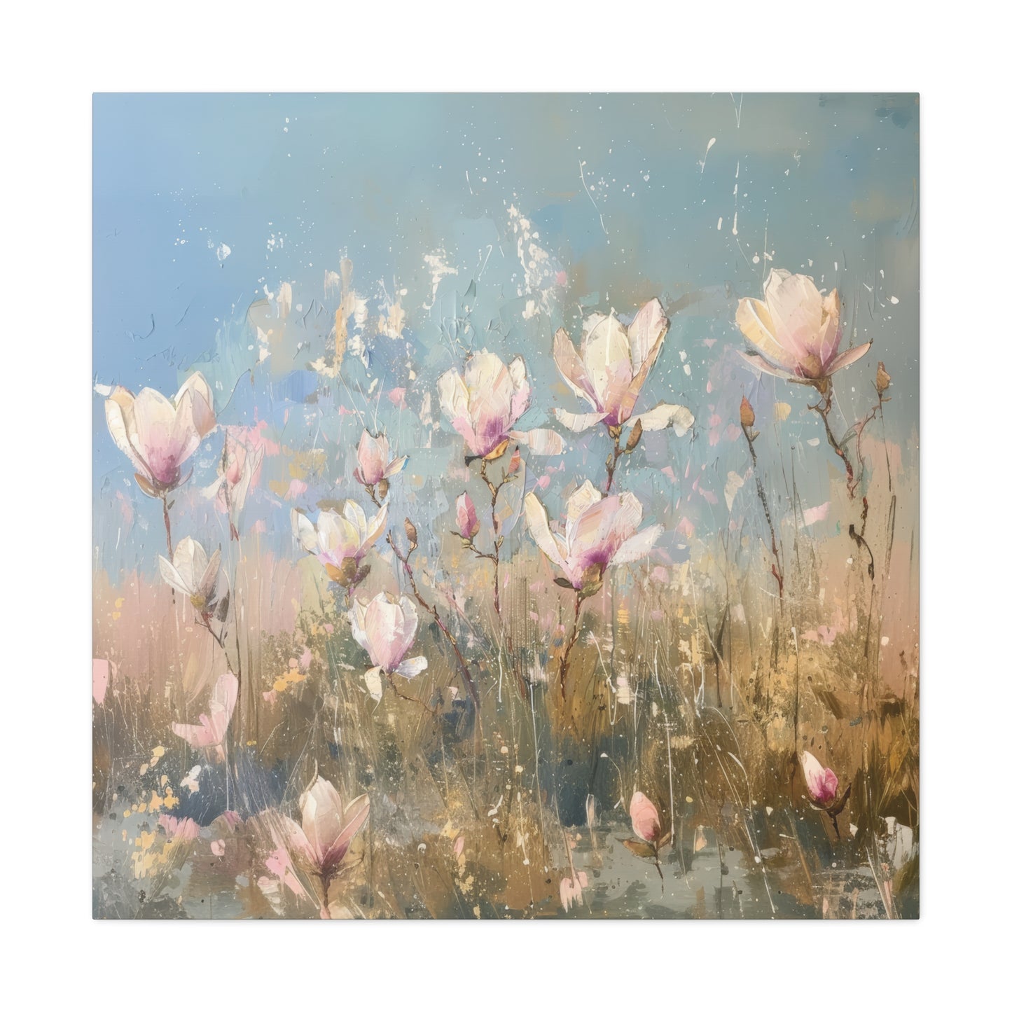 Gentle Spring Serenity: Soft White and Pink Wildflowers Blooming in a Sunlit Field Print on Canvas Gallery Wraps  - 5 Sizes