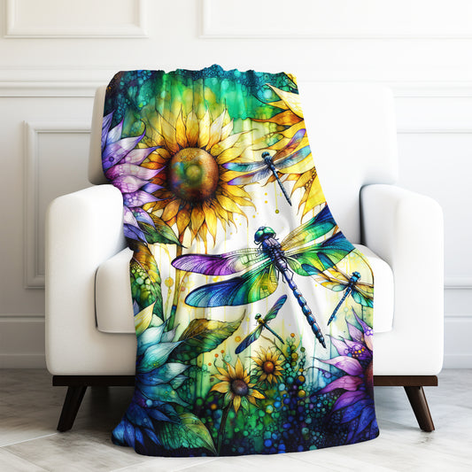 Dragonflies with Sunflowers Purple Alcohol Ink Velveteen Plush Blanket 3 Sizes