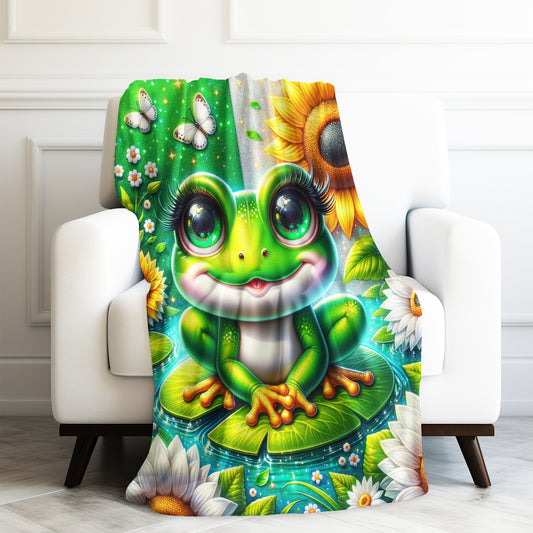 Cute Baby Frog on Lilly Pad Velveteen Plush Blanket 3 Sizes