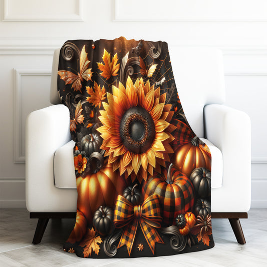 Spooky Fall Pumpkins and Sunflowers Velveteen Plush Blanket 3 Sizes