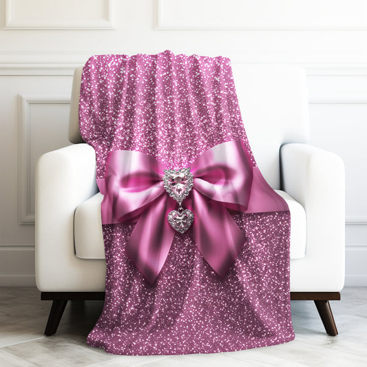 Glitter Pink Bow and Heart Jewels Velveteen Plush Blanket 3 Sizes