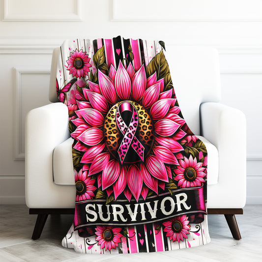 Breast Cancer Survivor Pink Ribbon Sunflowers Velveteen Plush Blanket 3 Sizes