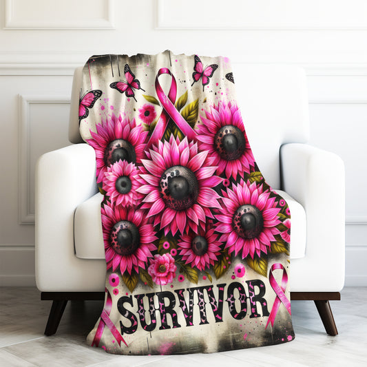 Breast Cancer Survivor Pink Ribbon Sunflowers Velveteen Plush Blanket 3 Sizes