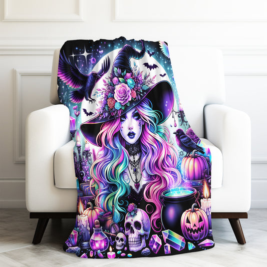 Witchy Women Halloween Neon Nights Velveteen Plush Blanket 3 Sizes