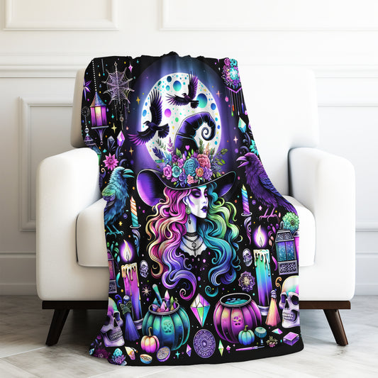 Witchy Women Halloween Neon Nights Velveteen Plush Blanket 3 Sizes