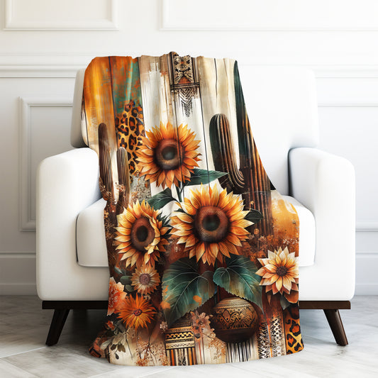 Southwestern Catcus Sunflowers Western Velveteen Plush Blanket 3 Sizes