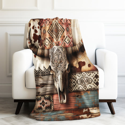 Southwestern Cowgirl Cow Skull Western Velveteen Plush Blanket 3 Sizes