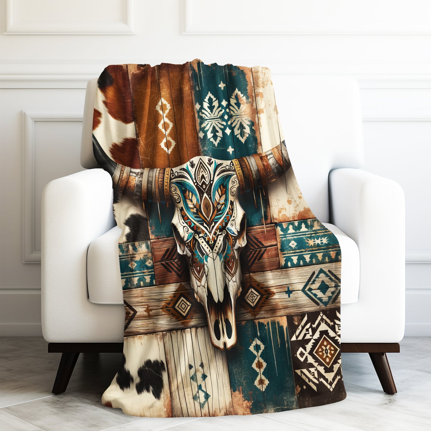 Southwestern Cowgirl Cow Skull Western Velveteen Plush Blanket 3 Sizes