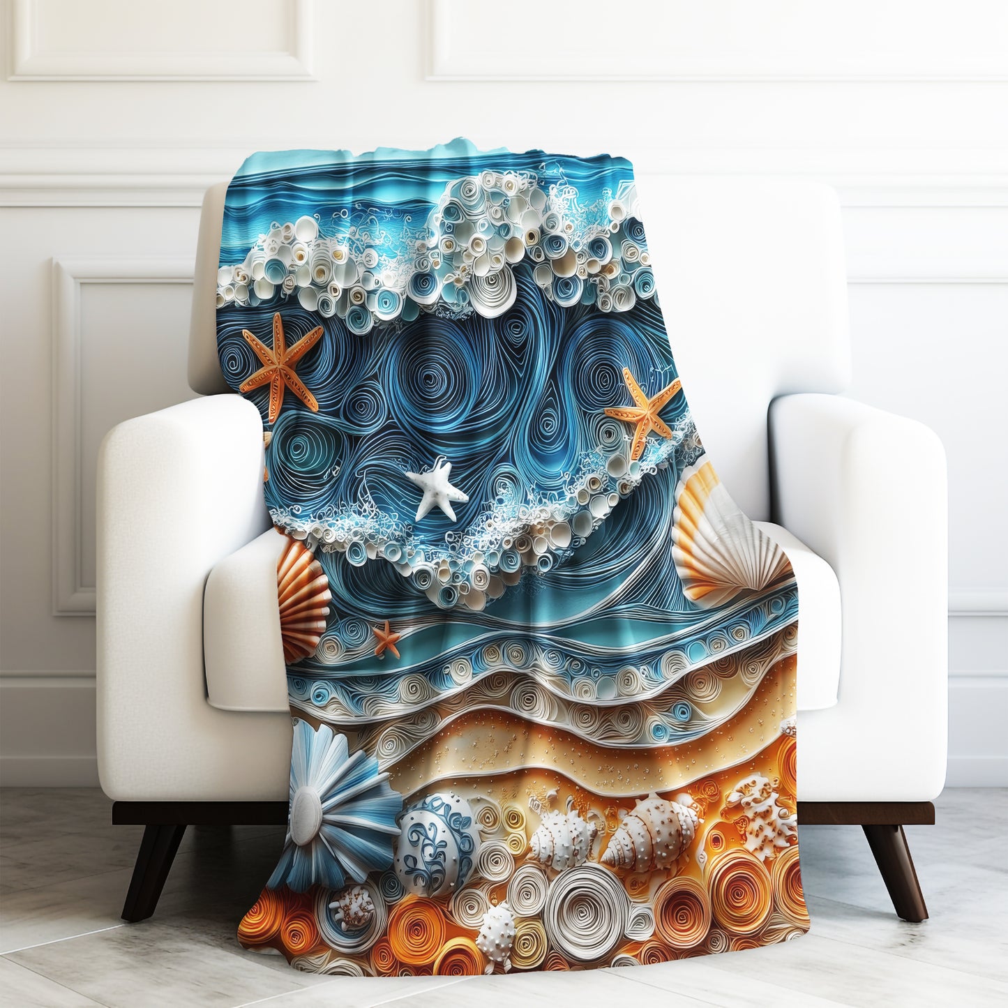 Sea Scape Sea Shells Starfish Ocean Beach Velveteen Plush Blanket 3 Sizes