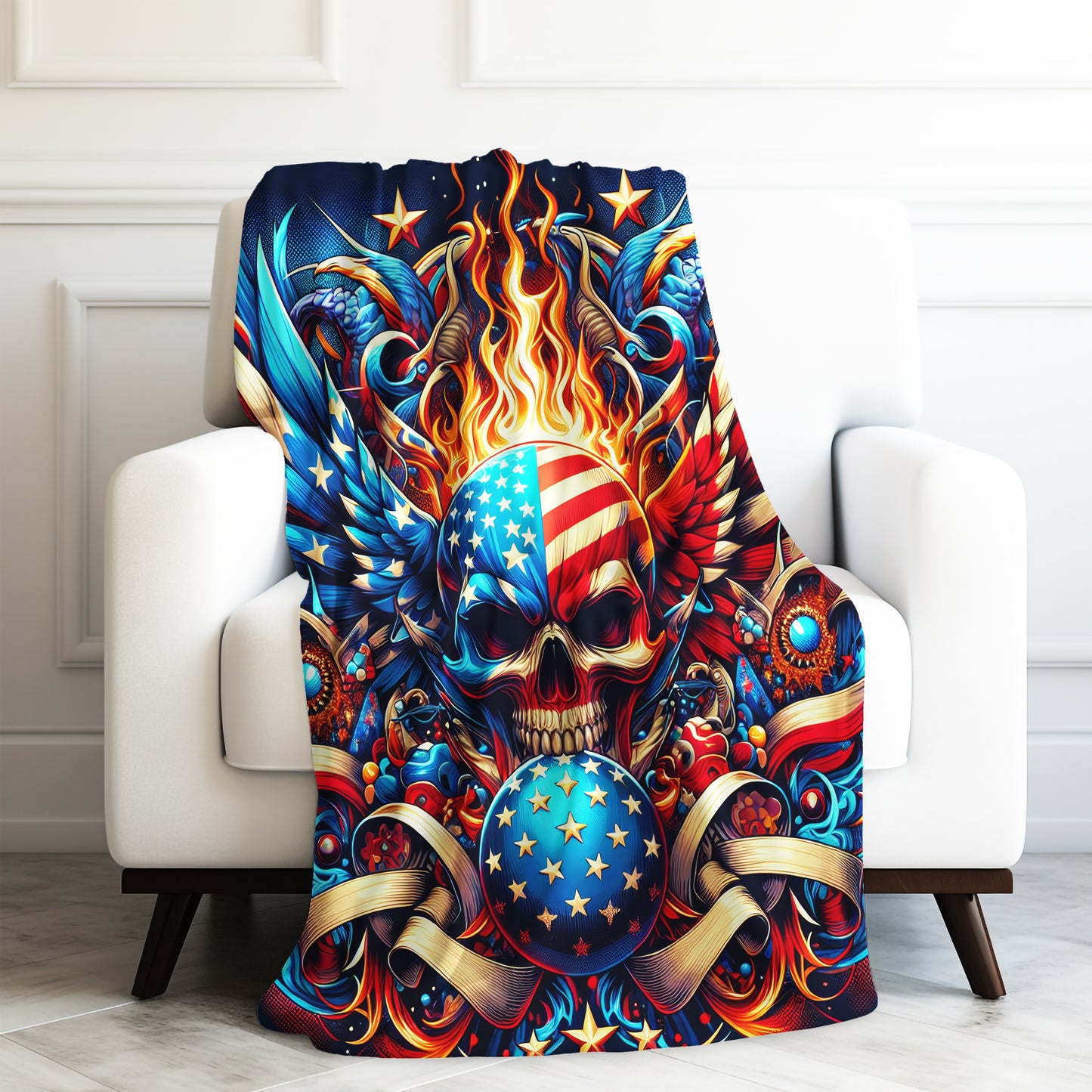 Patriotic American Flag Skull Patriot Velveteen Plush Blanket 3 Sizes
