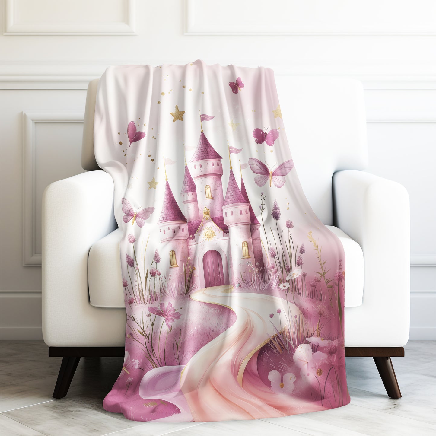 Magical Princess Pink Castle Flowers and Butterflies Velveteen Plush Blanket 3 Sizes