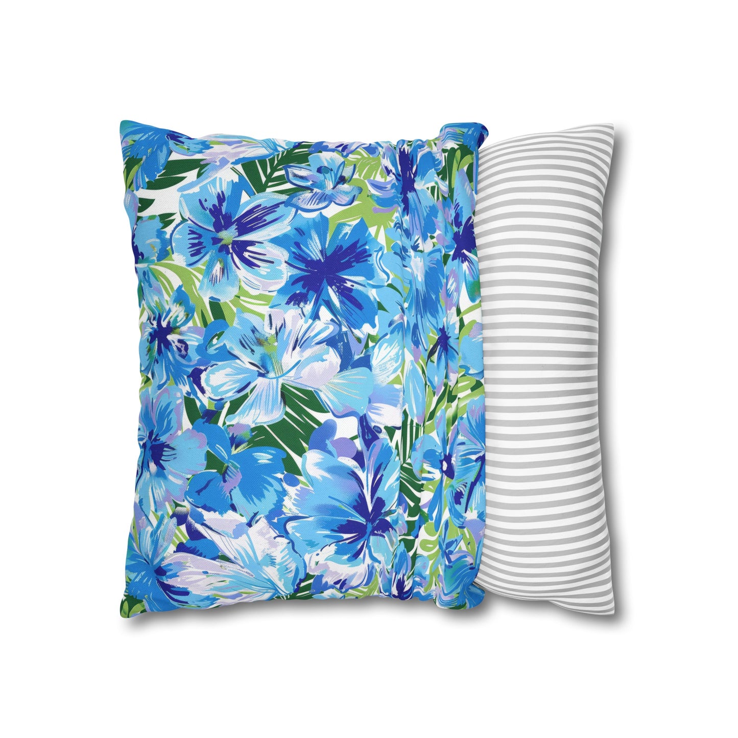 Azure Bloom Oasis: Bright Blue Large Flowers with Lush Green Palm Leaves Spun Polyester Square Pillowcase 4 Sizes