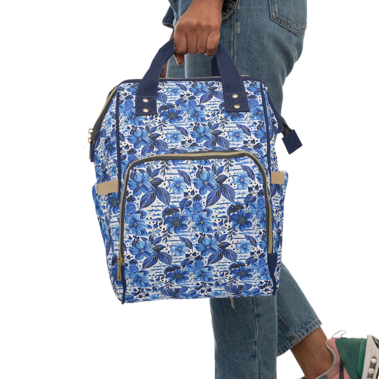 Floral Symphony in Shades of Blue, Harmonized with Abstract Lines Multifunctional Diaper Backpack