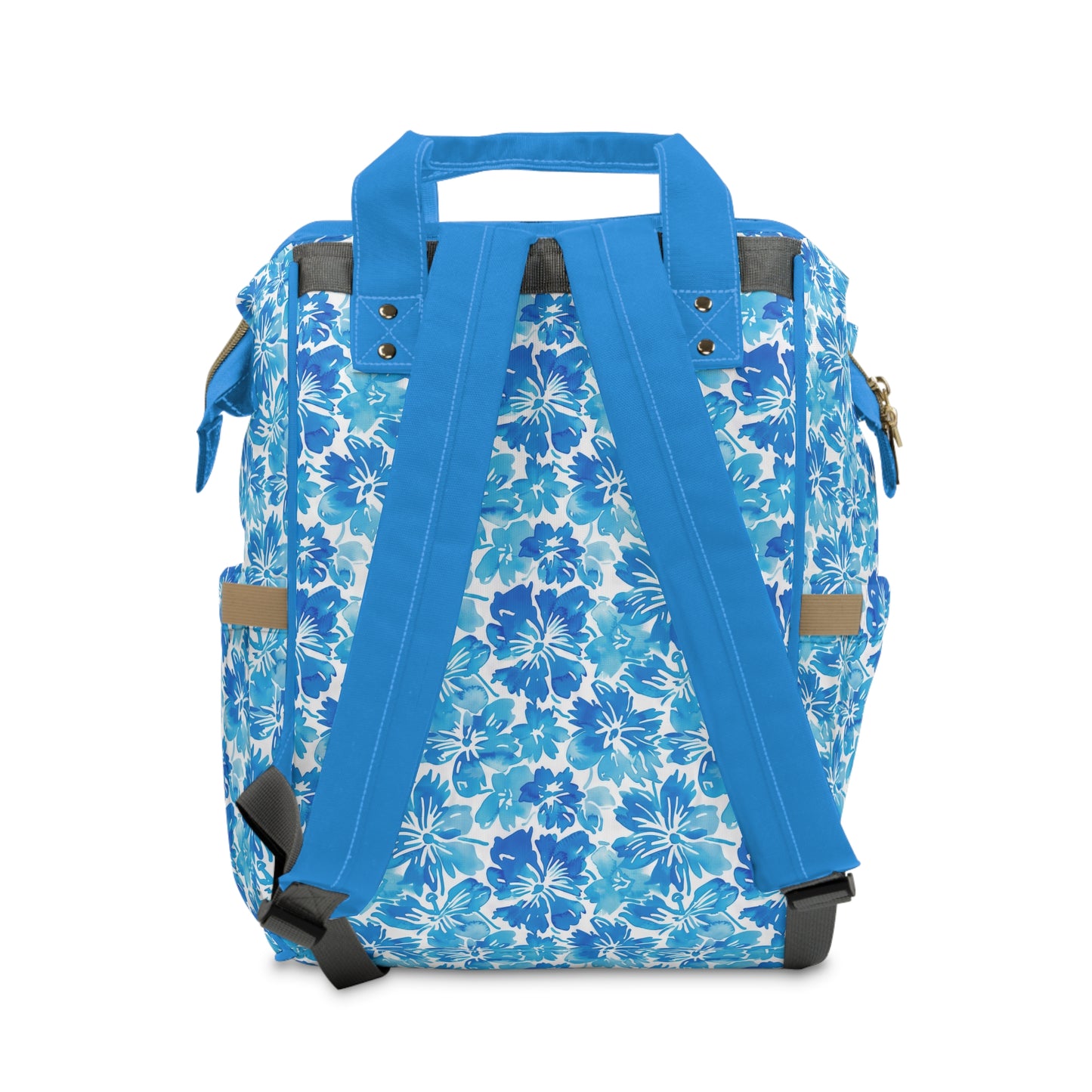 Tranquil Tropics: Soft Blue Tropical Flowers Multifunctional Diaper Backpack