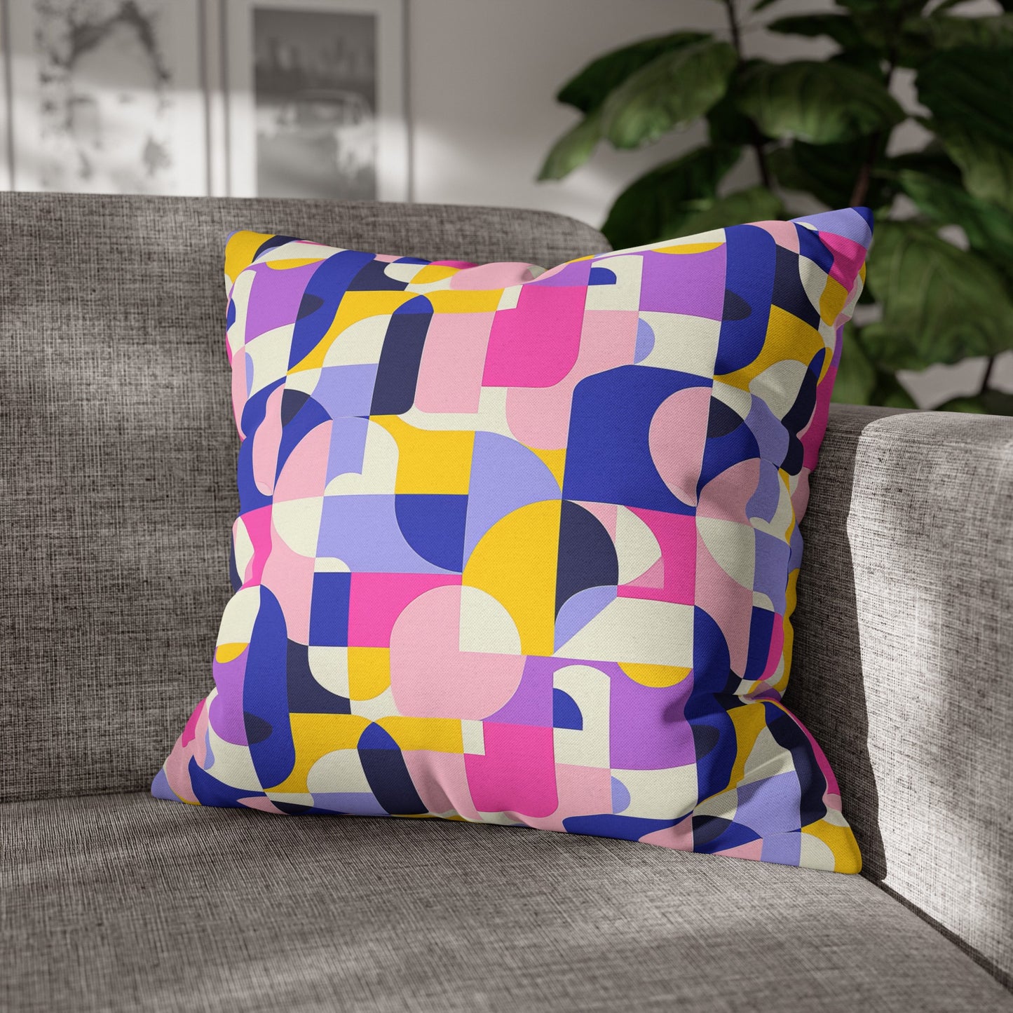 Vibrant Pink, Blue Yellow Color Block Geometric Shapes Spun Polyester Square Pillowcase 4 Sizes