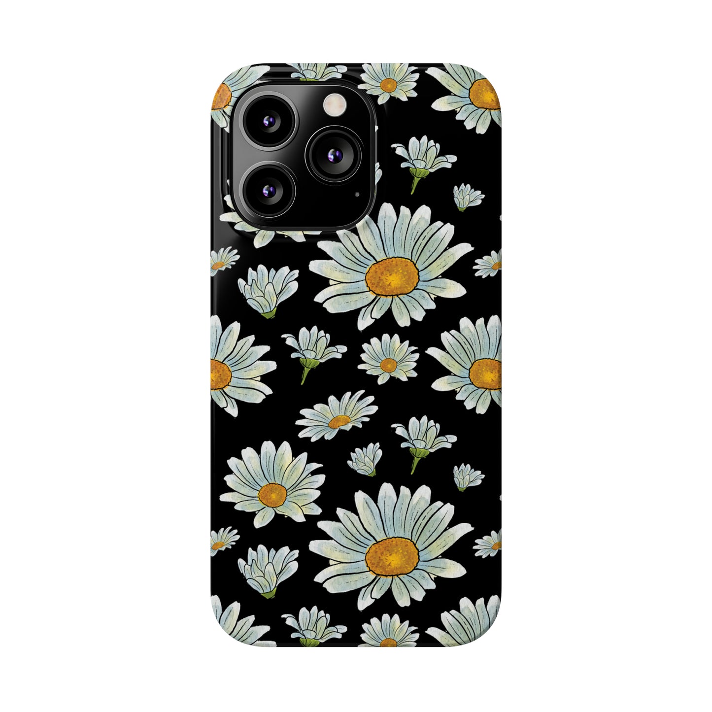 Large Watercolor Summer Daisies Blooming Against a Bold Black Background Iphone 15-12 Slim Phone Case