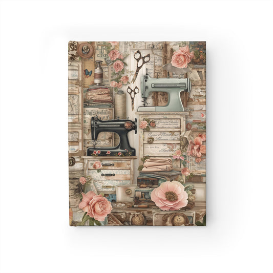 Vintage Artistry of Victorian Seamstress Sewing Machines and Flowers - Hardcover Ruled Line Journal 5" x 7"