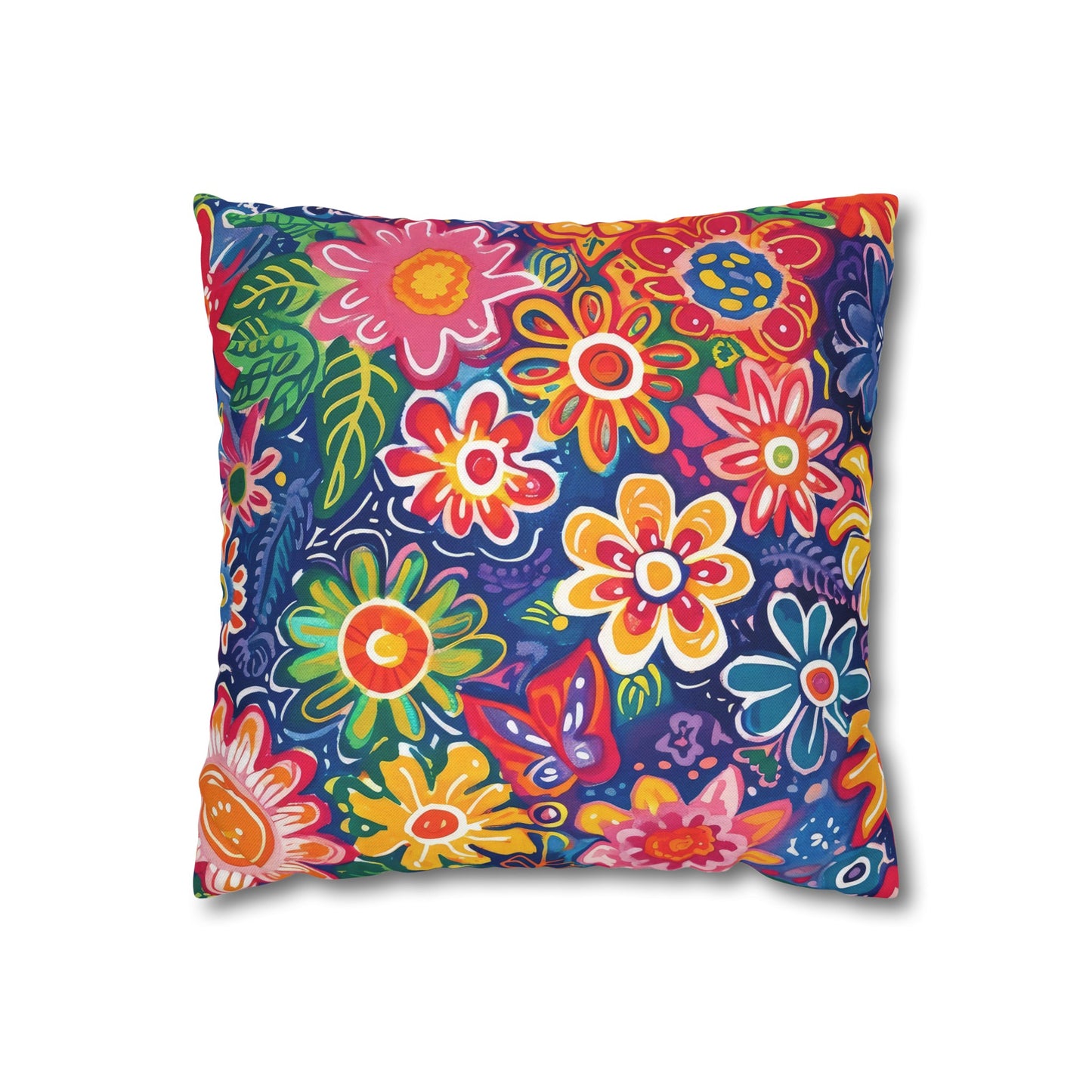 Fluttering Kaleidoscope: Vibrant Multicolor Flowers and Butterflies in Flight Spun Polyester Square Pillowcase 4 Sizes