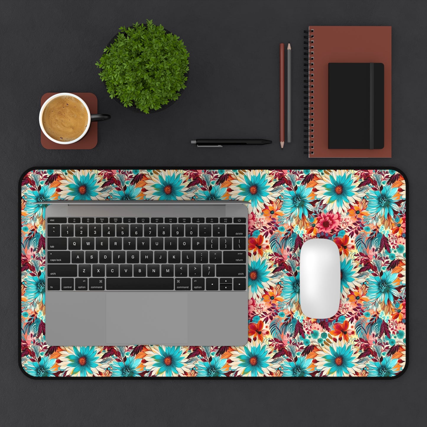 Floral Explosion of Pinks, Teals and Oranges on a Soft Cream Canvas Extended Gaming Mouse Pad Desk Mat - 3 Sizes