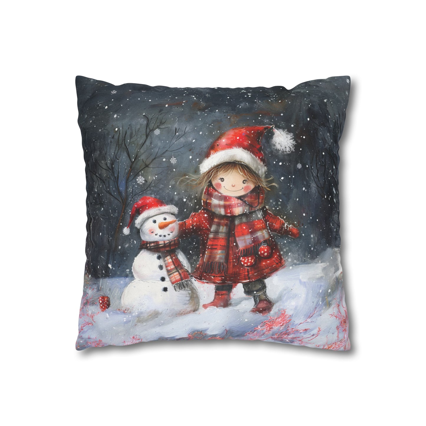 Little Girl and Snowman Sharing Winter's Wonder Spun Polyester Square Pillowcase 4 Sizes