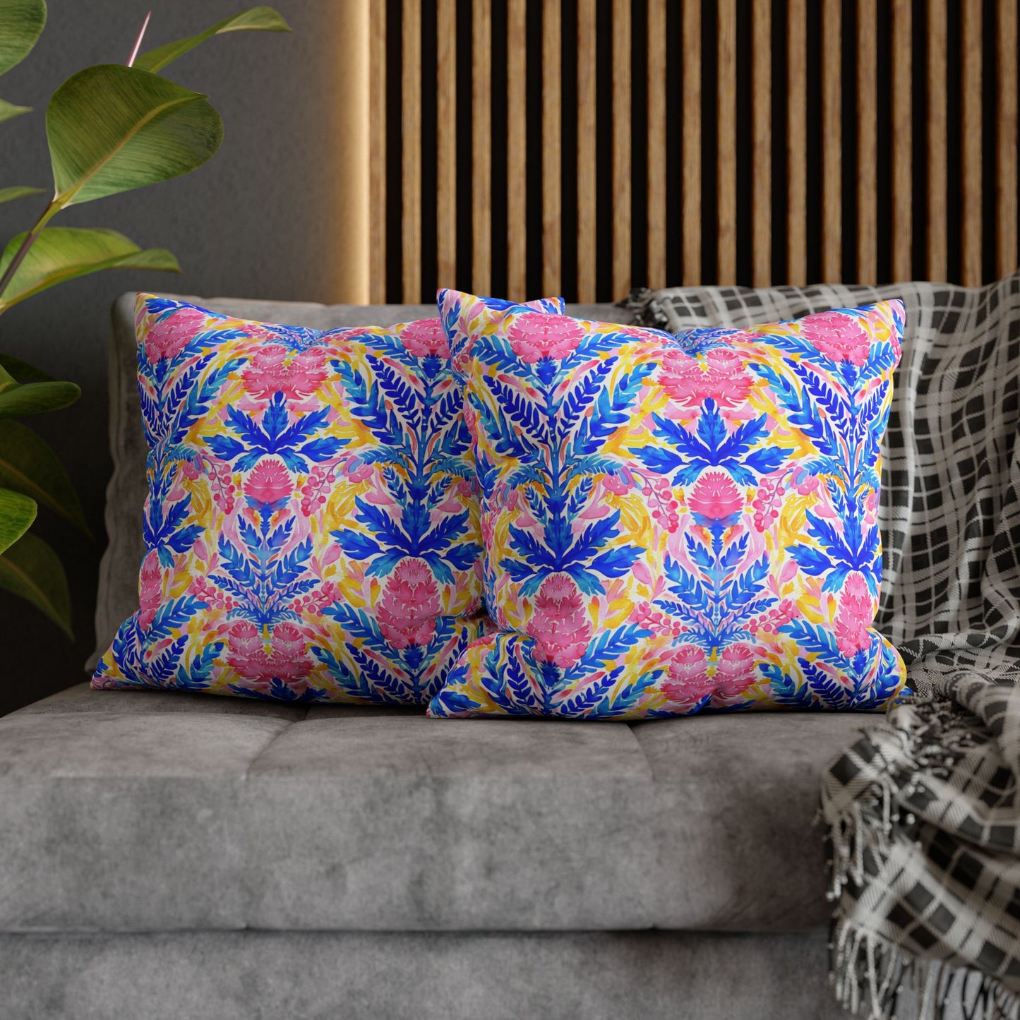 Tropical Watercolor Blooms in Vibrant Pinks and Blues Spun Polyester Square Pillowcase 4 Sizes