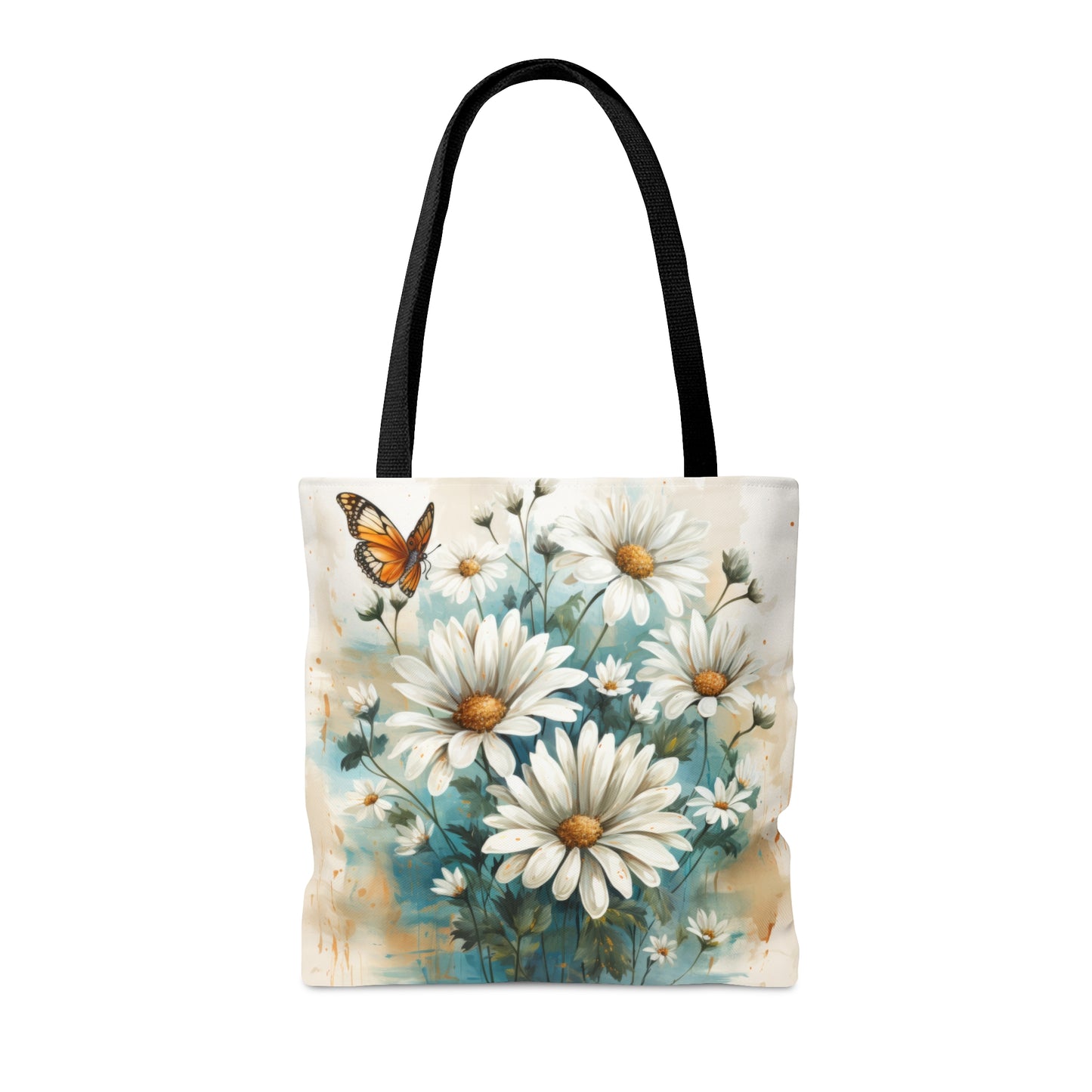 Rustic Farmhouse Teal and White Wild Daisies and Butterflies - Canvas Tote 3 Sizes