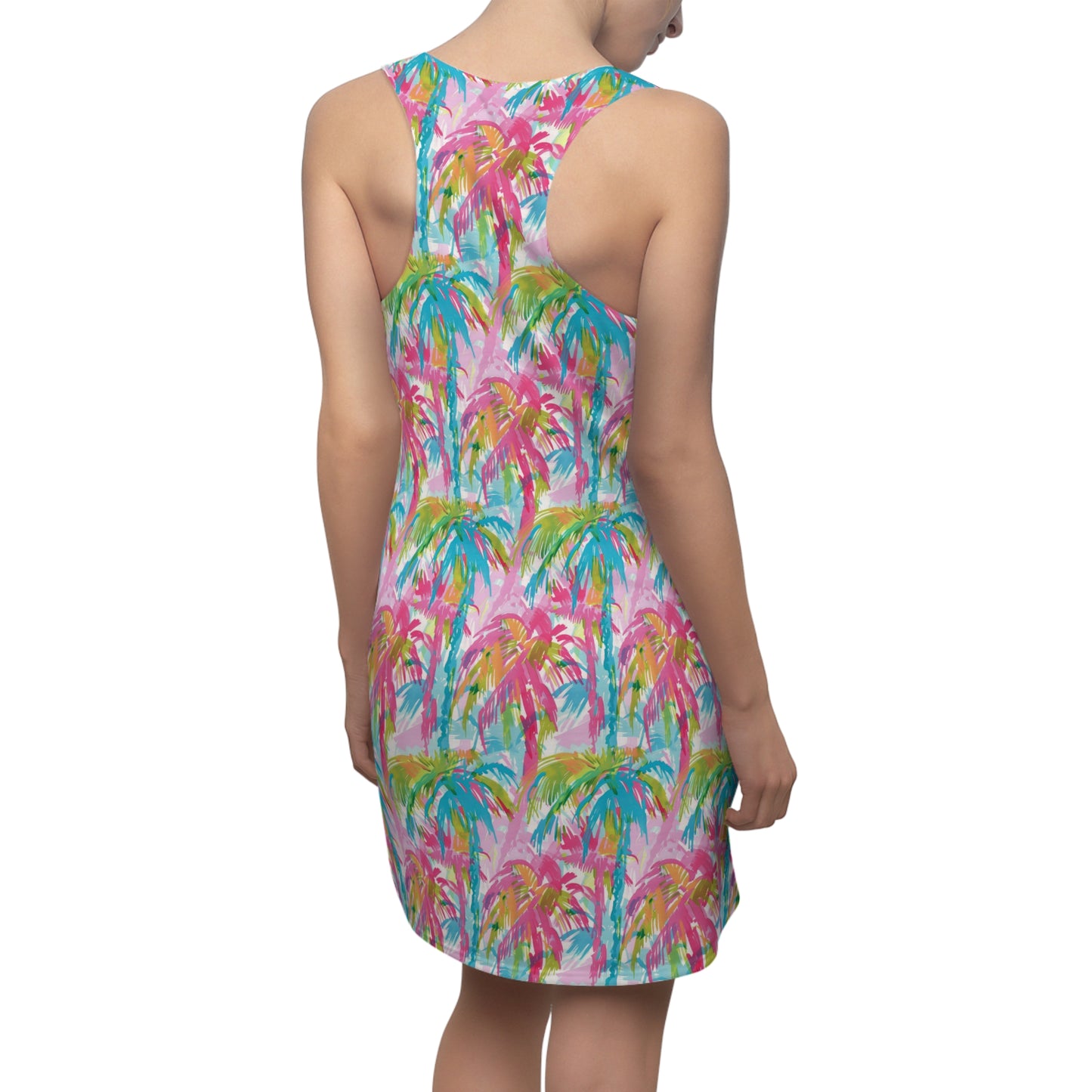 Pastel Paradise: Palm Trees in Soft Blues, Pinks, and Greens Women's Racerback Dress XS - 2XL