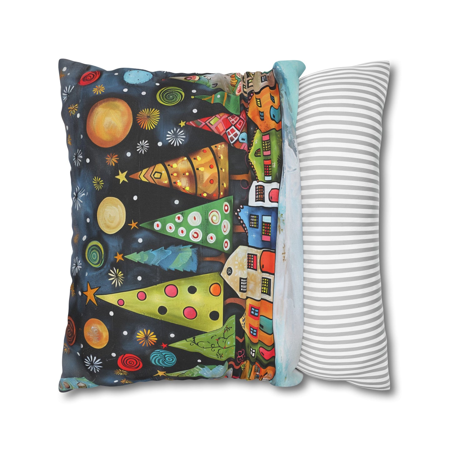 Holiday Haven: Abstract Folk Art Christmas Village Adorned with Christmas Trees Scene Spun Polyester Square Pillowcase 4 Sizes