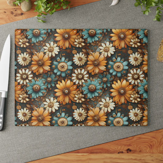 Victorian Steampunk Cream Gold and Teal Flowers with Gears and Mechanical Elements  - Glass Cutting Board  8" x 11" and 11" x 15"