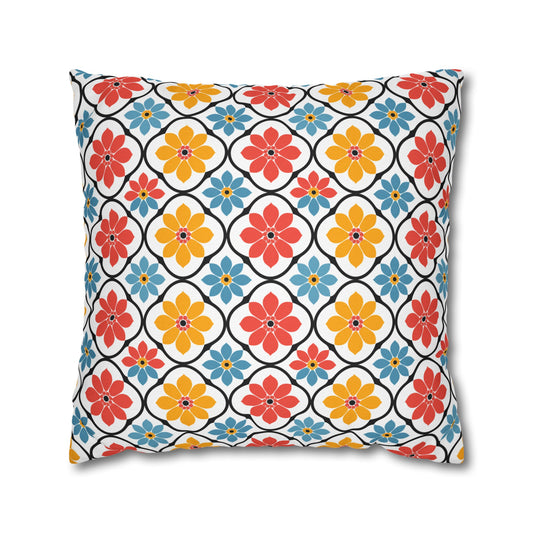 Retro Vintage Flowers in Bold Pink Blue and Orange Spun Polyester Square Pillowcase 4 Sizes