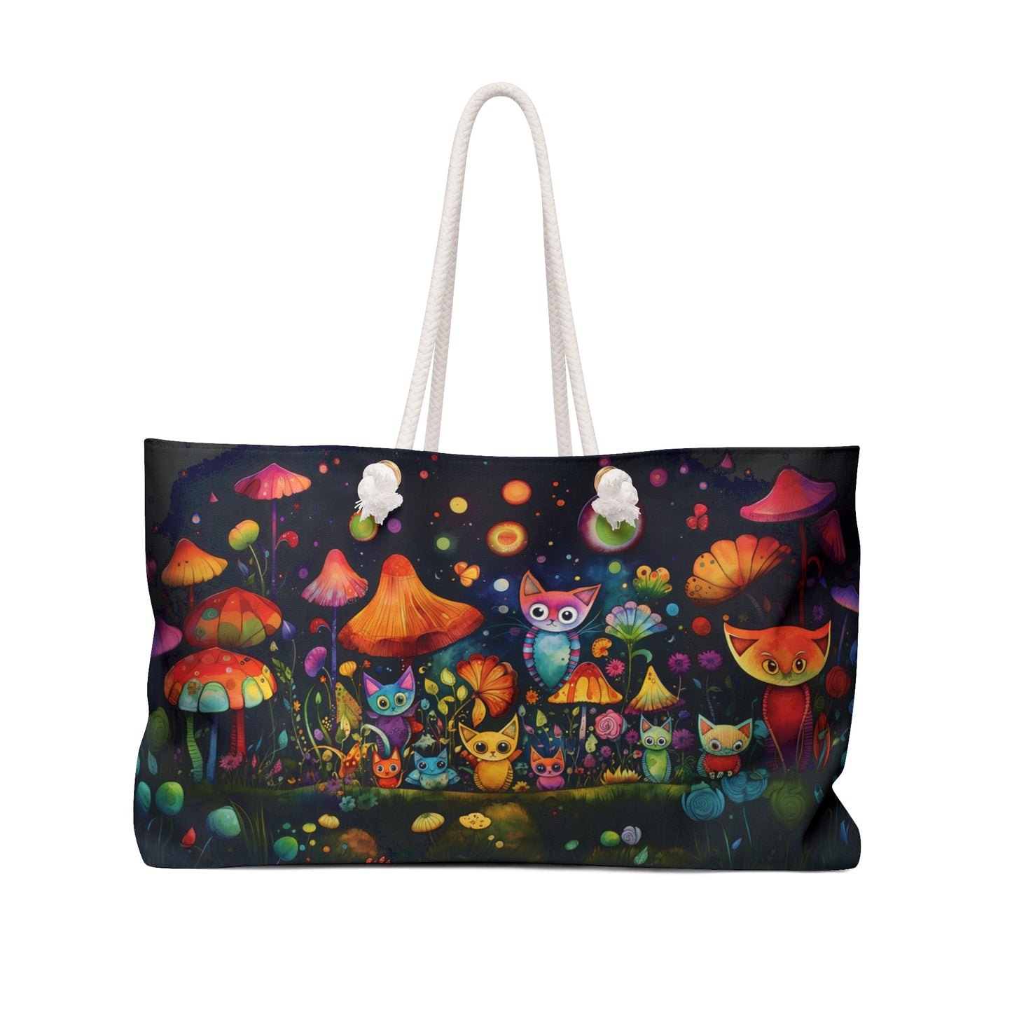 Mystical Cats Amidst a Garden of Flowers and Mushrooms, Beneath a Starry Sky - Weekender Oversized Canvas Tote Bag 24" × 13"