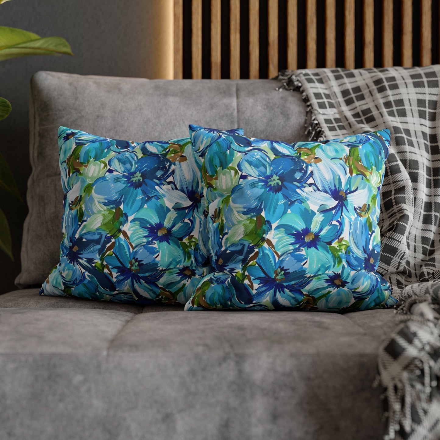 Large Blue Watercolor Flowers with Gentle Accents of Brown and Green Spun Polyester Square Pillowcase 4 Sizes