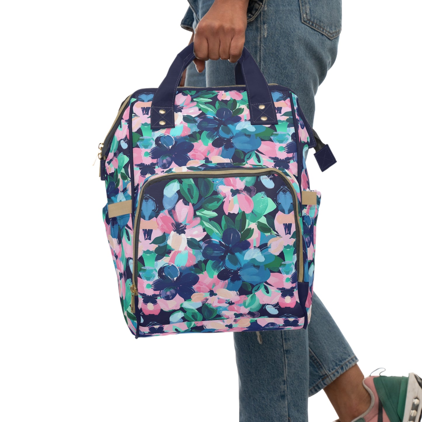 Tranquil Blooms: Muted Blue, Pink, and Green Watercolor Flowers Multifunctional Diaper Backpack