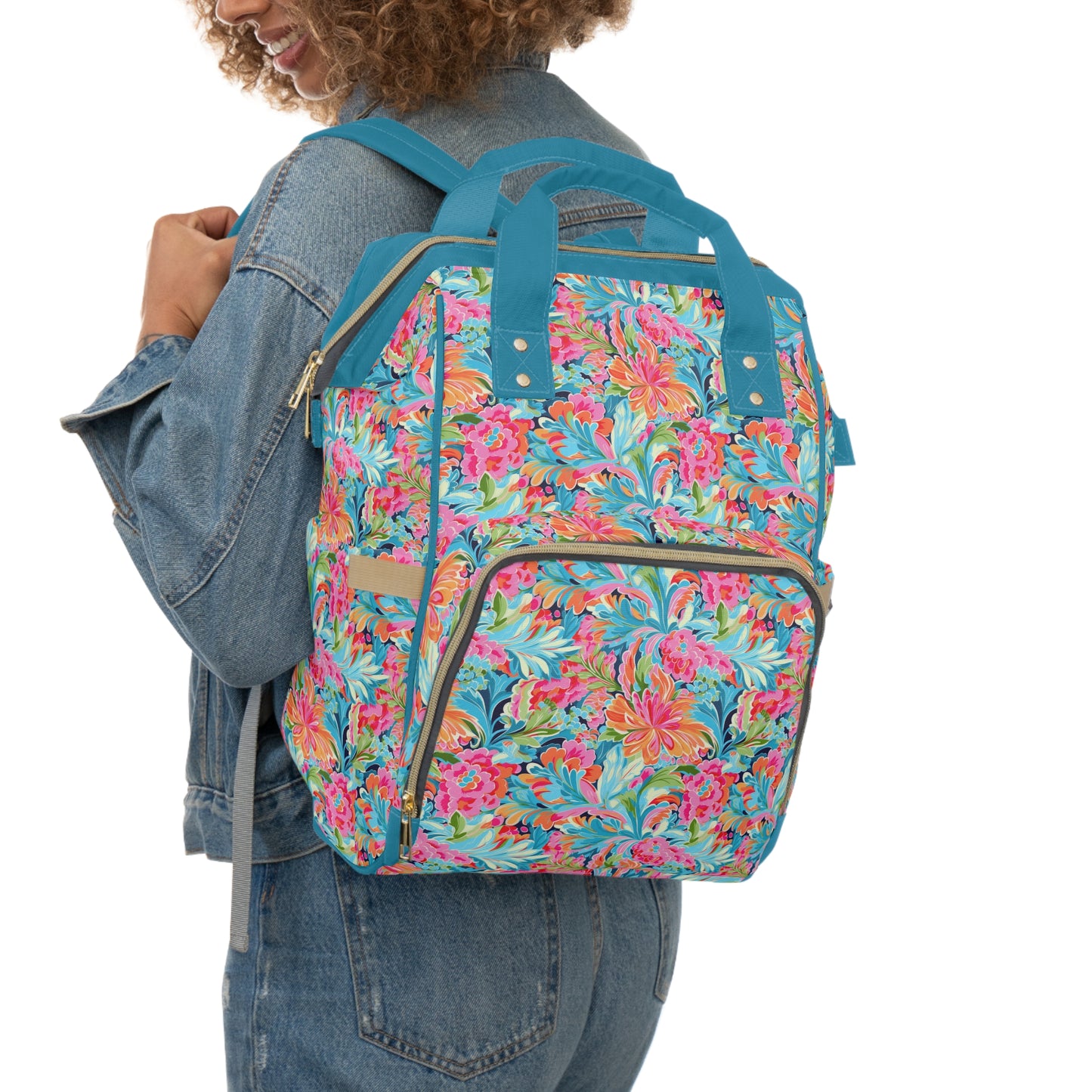 Tropical Radiance: Bursting Summer Blooms in Teal, Orange, and Pink Multifunctional Diaper Backpack