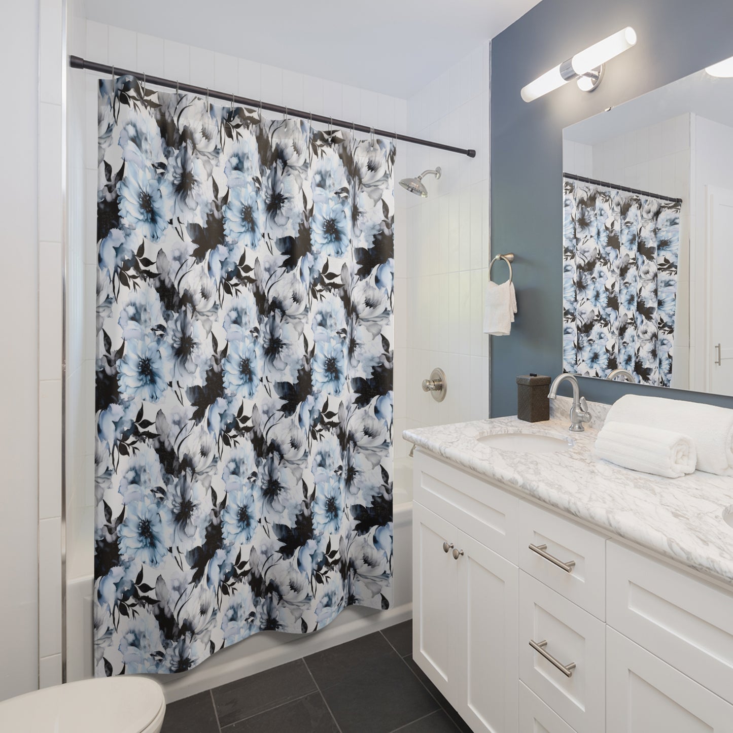 Tranquil Bloom: Watercolor Blue and Grey Large Floral Design Bathroom Shower Curtain   71" × 74"