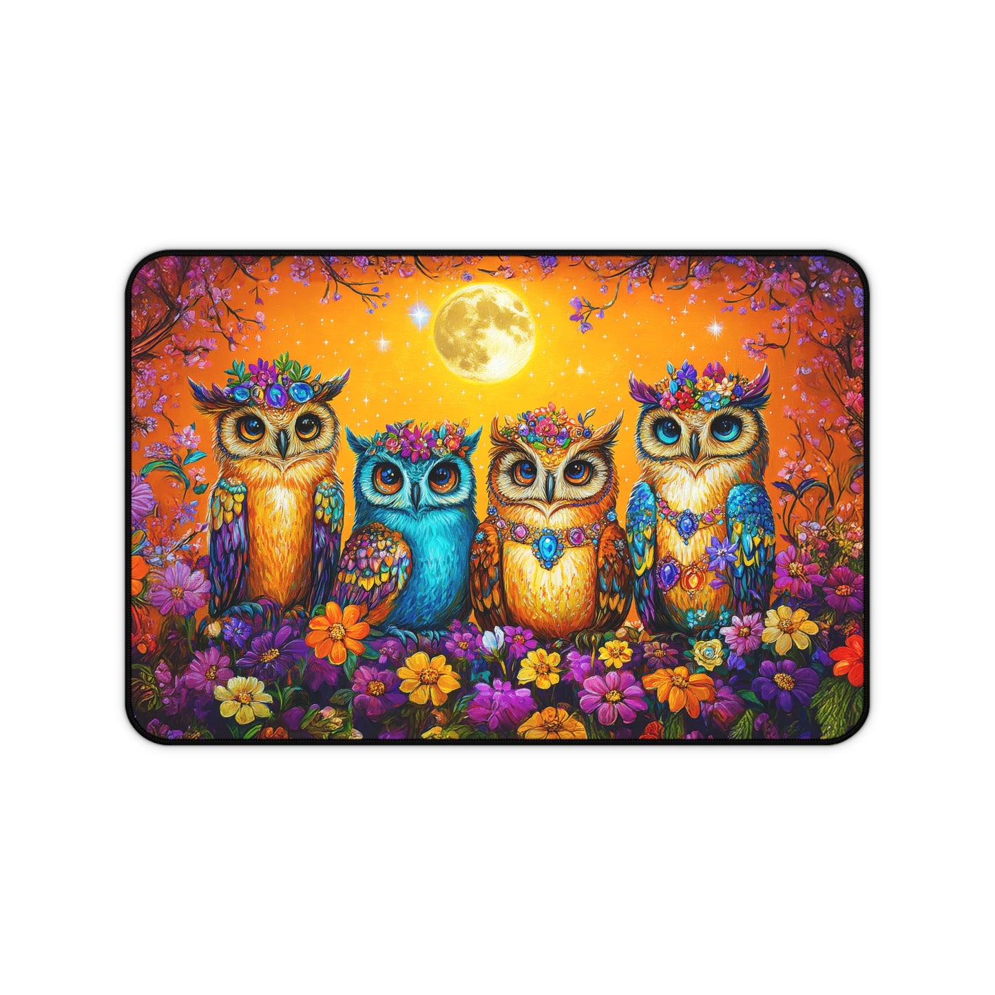 Enchanted Owls Adorned with Floral Crowns Under a Starry Sky Extended Gaming Mouse Pad  Desk Mat  - 3 Sizes