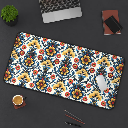 Baroque Blossom of Floral Elegance in Deep Blues and Sunny Yellows Extended Gaming Mouse Pad  Desk Mat  - 3 Sizes