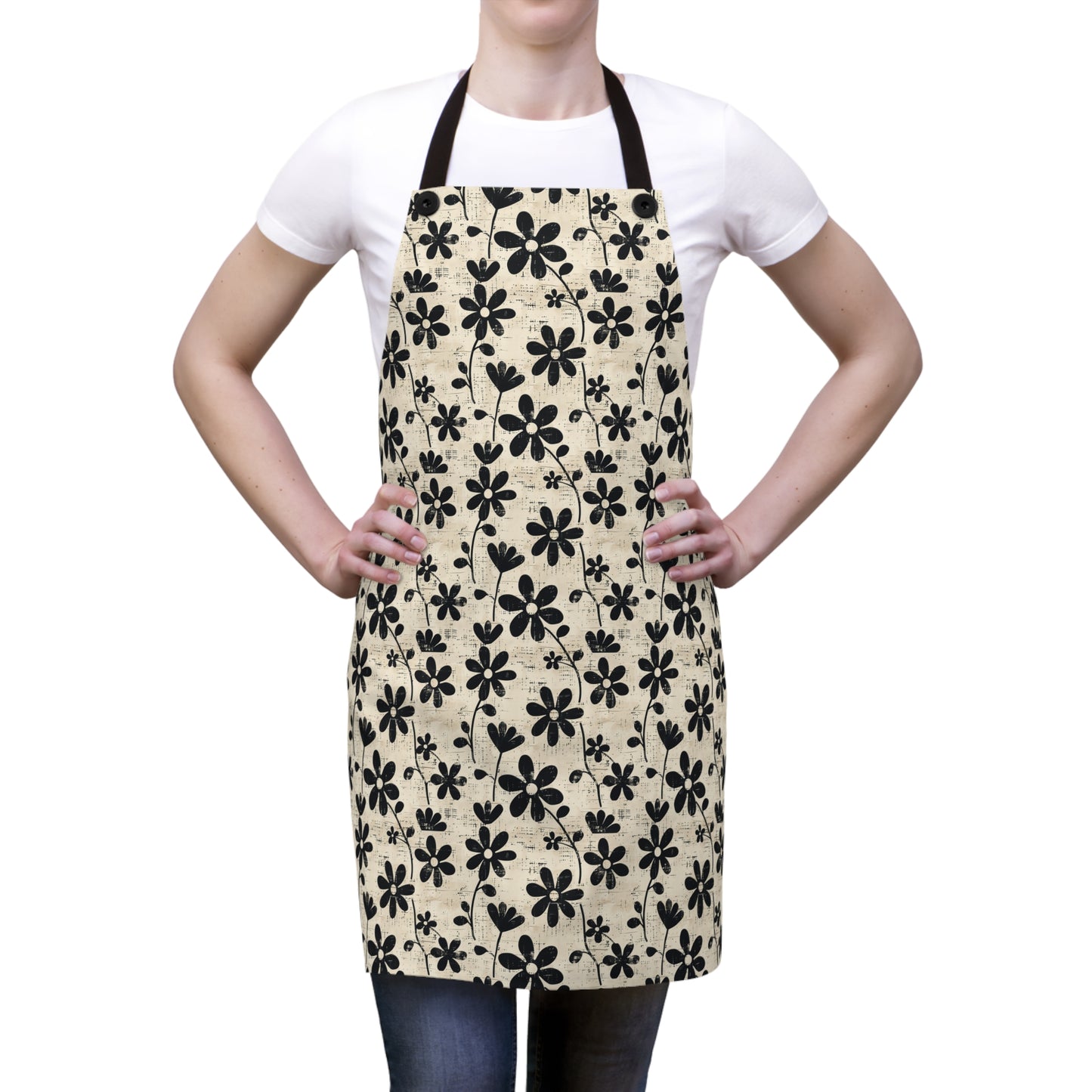 Distressed Black Floral on Beige Background Kitchen Chef Apron