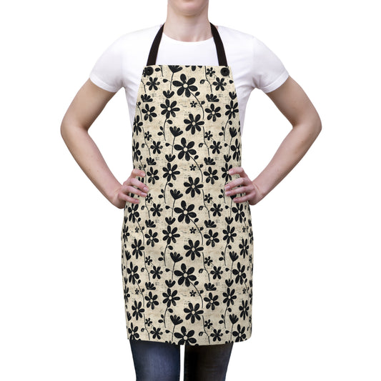 Distressed Black Floral on Beige Background Kitchen Chef Apron