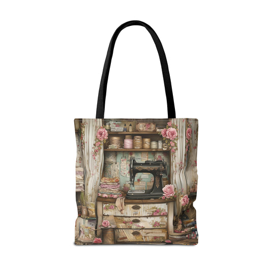 Seamstress at Work Amidst Sewing Machines and Blooming Flowers in Her Vintage Shop Canvas Tote Bag - 3 Sizes